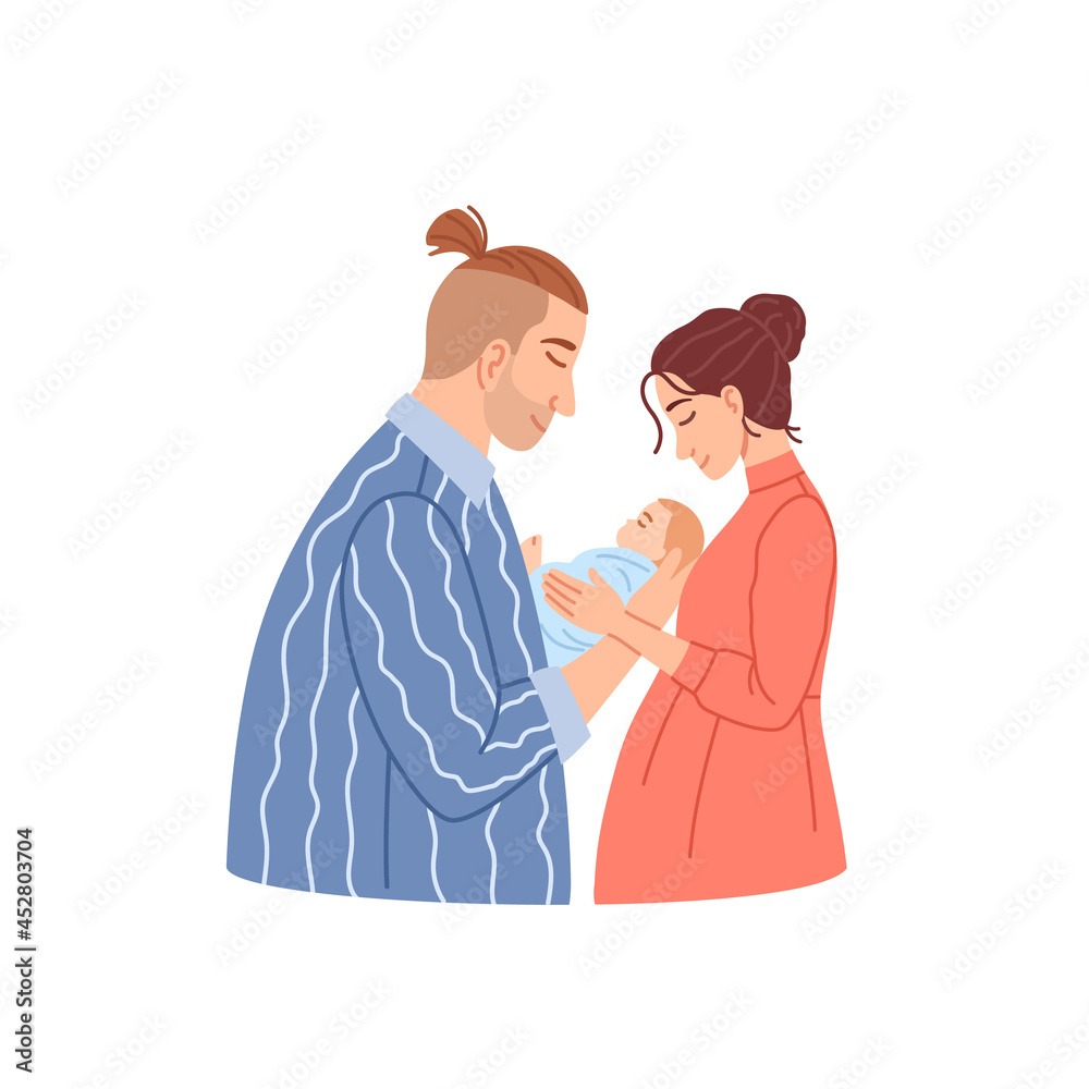 Happy family with newborn baby boy or girl flat portrait isolated on white background. Beautiful Caucasian couple with little infant. Mother and father with child. Parenthood vector illustration.