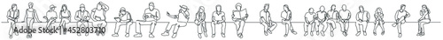 continuous line drawing of group of various diverse people sitting thinking