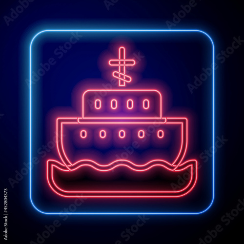 Glowing neon Ark of noah icon isolated on black background. Wood big high cargo. Vector