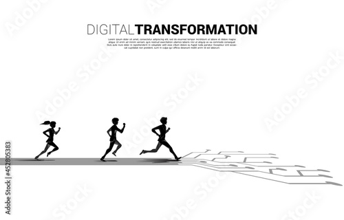 Silhouette of Businessman and businesswoman running on the way with dot connect line circuit. concept of digital transformation of business.