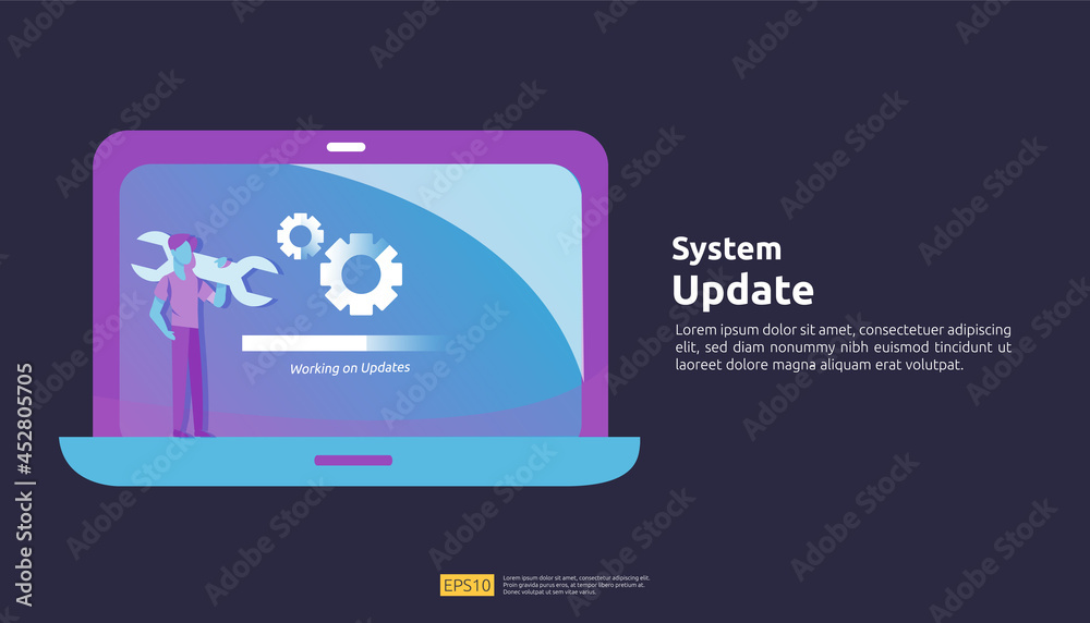 Data synchronize process and installation program. Update progress concept of operation system. illustration web landing page template, banner, presentation, UI, poster, ad, promotion or print media