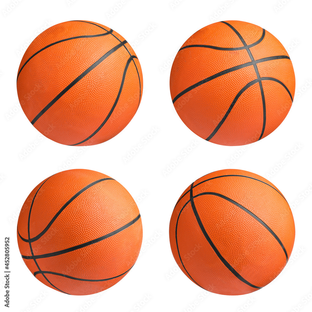 Set with orange basketball balls on white background