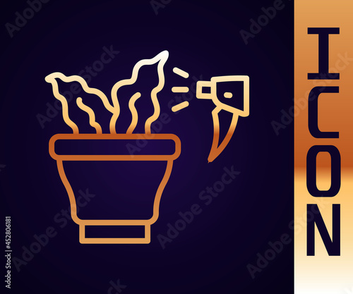 Gold line Spraying a house plant with a spray gun icon isolated on black background. Moistening of foliage. Care for home flowers. Vector