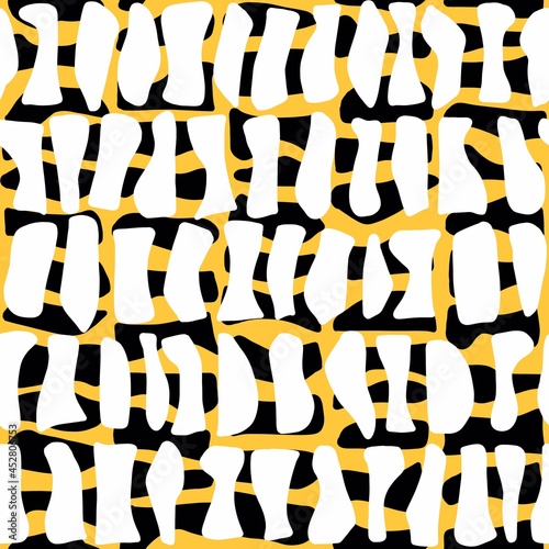 Black, white, yellow abstract pattern. Seamless pattern. Abstract colored curvilinear shapes. Vertical and horizontal elements.