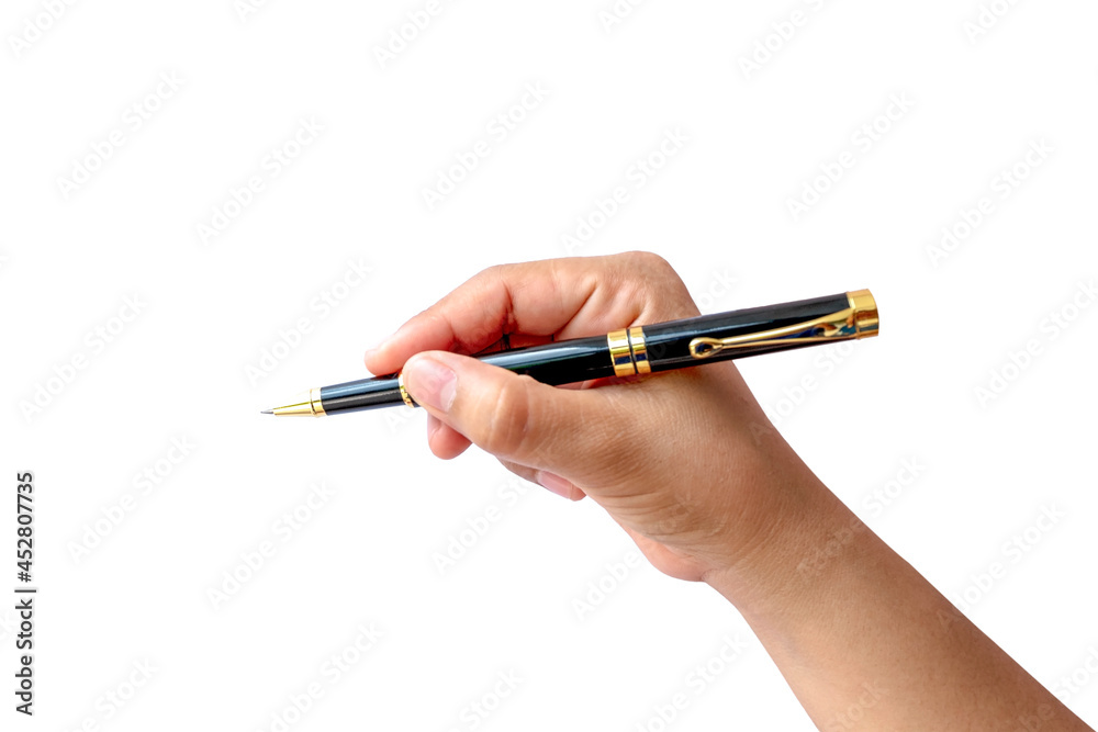 Close-up of a woman's hand holding a pen and writing gesture on a white background with the clipping path. Close-up of a woman's hand holding a pen and writing gesture on a white background with the clipping path.