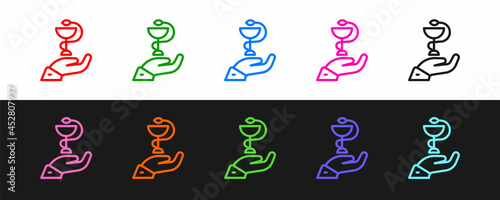 Set line Caduceus snake medical symbol icon isolated on black and white background. Medicine and health care. Emblem for drugstore or medicine, pharmacy. Vector