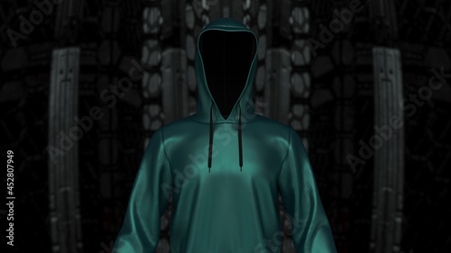 Anonymous hacker with metallic green leather hoodie in shadow under spaceship inside background. Dangerous criminal concept image. 3D CG. 3D illustration. 3D high quality rendering.