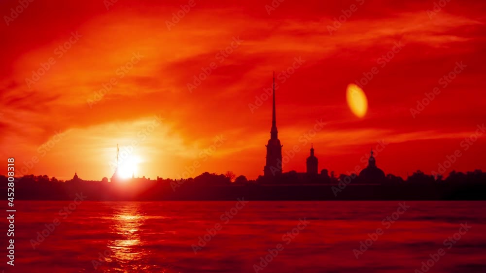 Saint-Petersburg Russia tower sunset timelapse, spectacular clouds and sun, touristic boats and river 4K Saint-Petersburg Russia tower sunset timelapse, spectacular clouds and sun, touristic boats and river 4K