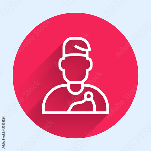 White line Wizard warlock icon isolated with long shadow. Red circle button. Vector