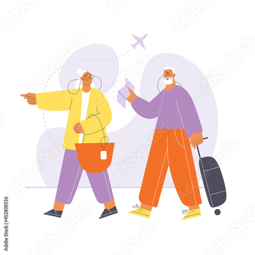 Elderly man and woman walking with suitcase and map at the airport. Air traveling concept cartoon vector illustration.
