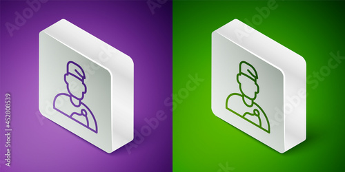 Isometric line Wizard warlock icon isolated on purple and green background. Silver square button. Vector