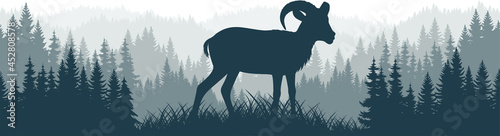 vector mountains forest woodland background texture seamless pattern with desert bighorn sheep