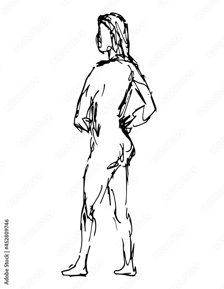 Doodle art illustration of a nude female figure standing with hands on hip side view done in continuous line drawing style in black and white on isolated background.