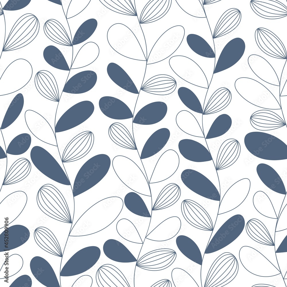 Seamless vector pattern of blue twig with leaves on white background.