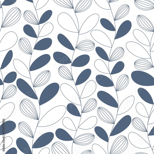 Fototapeta Naklejka Na Ścianę i Meble -  Seamless vector pattern of blue twig with leaves on white background.