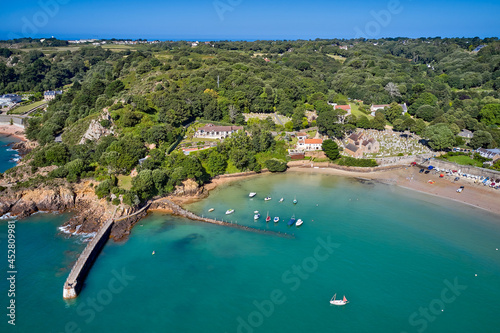 Aerial drone view of St Brelades Bay, Jersey, CI