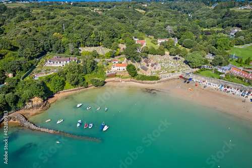 Aerial drone view of St Brelades Bay, Jersey, CI