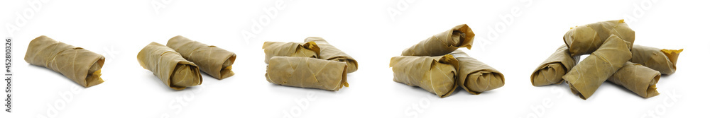 Delicious stuffed grape leaves on white background, collage. Banner design Delicious stuffed grape leaves on white background, collage. Banner design