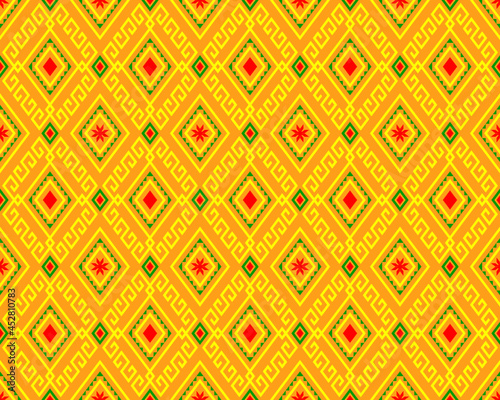 Yellow Green Tribe or Ethnic Seamless Pattern on Yellow Background in Symmetry Rhombus Geometric Bohemian Style for Clothing or Apparel,Embroidery,Fabric,Package Design