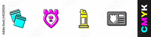 Set Plastic bag with ziplock, Police badge, Pepper spray and id case icon. Vector