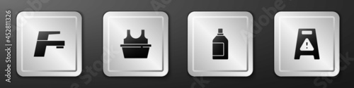 Set Water tap, Basin with shirt, Bottle for cleaning agent and Wet floor icon. Silver square button. Vector