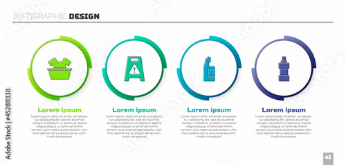 Set Basin with shirt, Wet floor, Bottle for cleaning agent and . Business infographic template. Vector