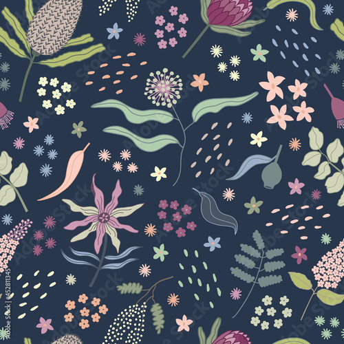 Bright, Multi Color Australian Native Flower Bouquet Seamless Repeating Pattern. Beautiful vector design perfect for fabric, wrapping paper, wall paper, home decor, quilting, gifts and apparel.