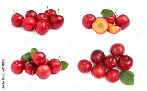 Set with delicious ripe cherry plums on white background