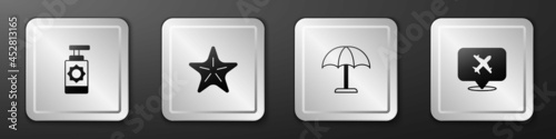 Set Sunscreen spray bottle, Starfish, protective umbrella and Speech bubble with airplane icon. Silver square button. Vector