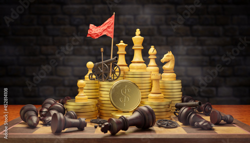 Bright chess with cannon and red victory flags on gold coins in dark brick background. Dark chess was defeated and destroyed, strewn across the chessboard. Concept business success. 3D illustration.