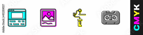 Set Video recorder on laptop, Photo frame, Gimbal stabilizer for camera and Retro audio cassette tape icon. Vector