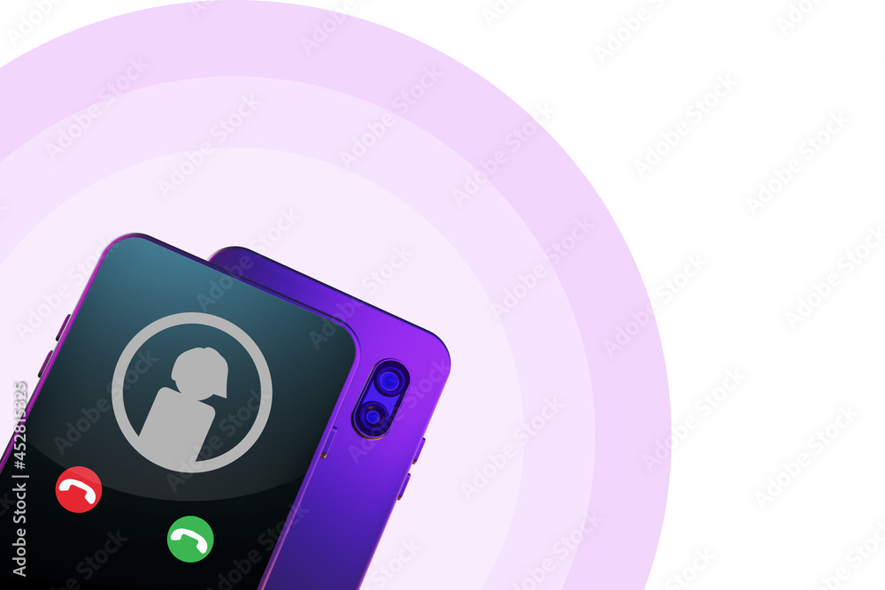 Incoming call on phone. Simple incoming call interface. Icon with man and call button in phone. Place for text next to smartphone. Voice calling. Purple phone mockup. 3d visualization.