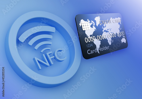 Near field communication. NFC tag next to credit card. Label for accepting non-cash payments. Plastic bank card on purple background. Credit card depicting continents. NFC paymants. 3d rendering. photo