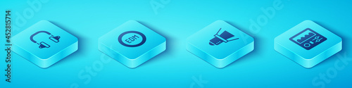 Set Isometric Headphones, EDM electronic dance music, Drum machine and Movie spotlight icon. Vector