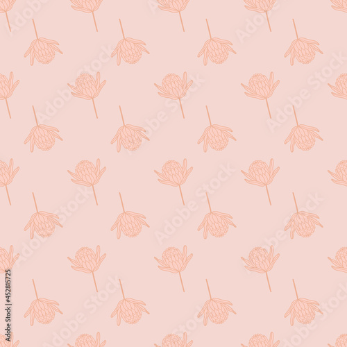 Monochrome Pastel Orange Protea Flower Seamless Repeating Pattern. Beautiful hand drawn vector design perfect for fabric, wrapping paper, wall paper, home decor, quilting, gifts and apparel.