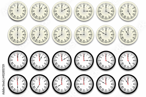 Clock icon set. Watch, time icon vector. Realistic wall clock set. Time icon set. Vector illustration. Stock image. 