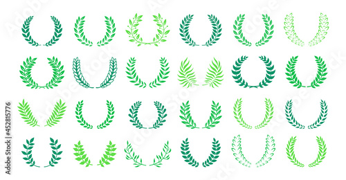 Laurel Wreath award or heraldry green set. Circular laurel foliate wreaths award, achievement. High quality symbol emblem branches olive plant collection. Logo nobility emblem vector illustration