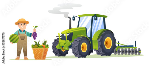 Cute boy farmer with fresh fruits and tractor in cartoon style. Harvest farmer illustration