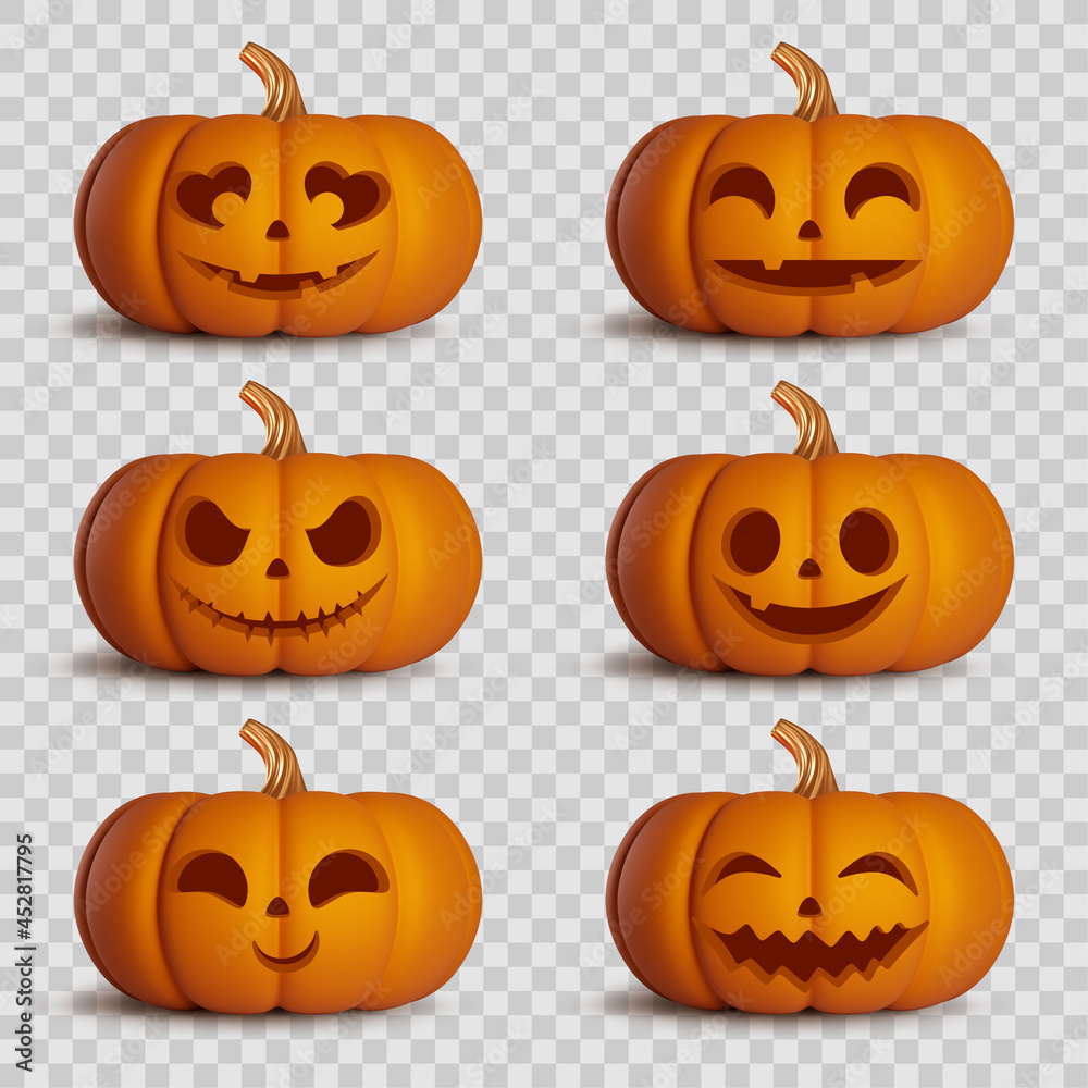 Halloween 3d pumpkins isolated on transparent background. Design element for greeting card or party invitation. Vector illustration Halloween 3d pumpkins isolated on transparent background. Design element for greeting card or party invitation. Vector illustration