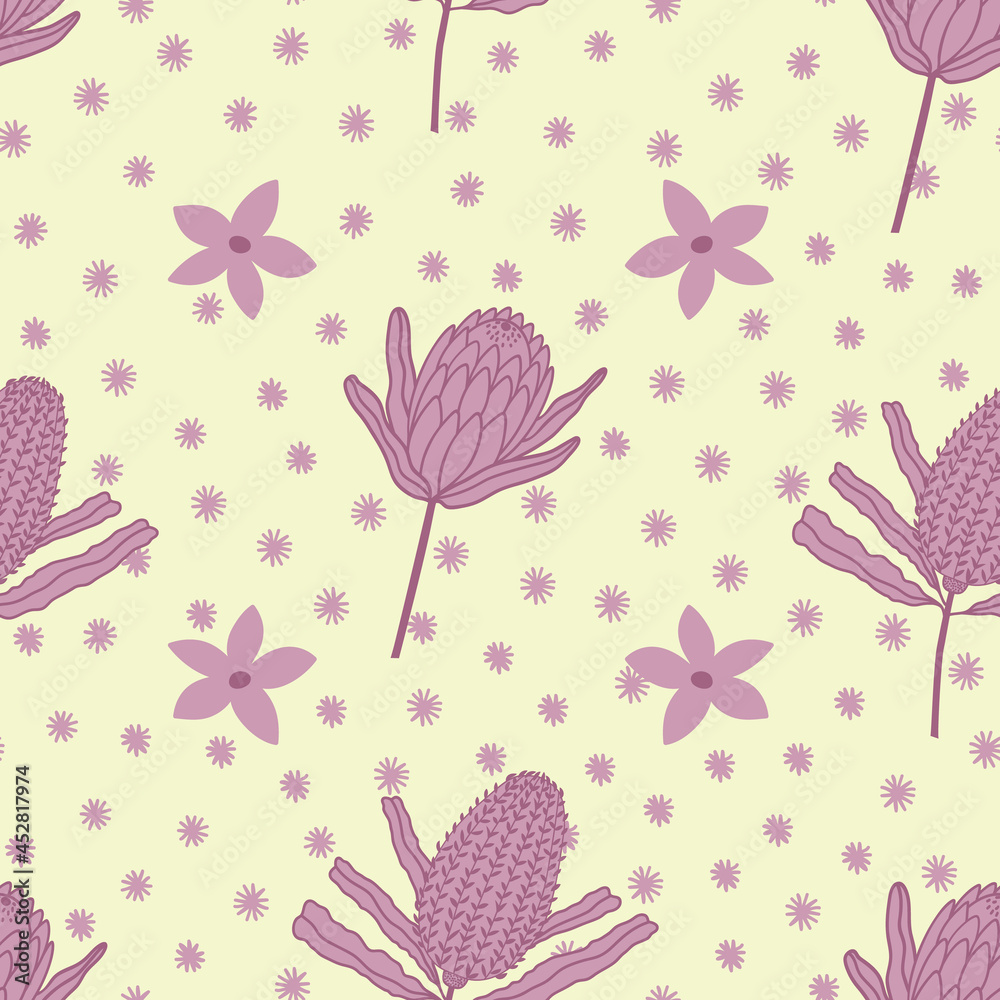 Yellow and Pink Protea and Spots with Delicate Flowers Seamless Repeating Pattern. Beautiful vector design perfect for fabric, wrapping paper, wall paper, home decor, quilting, gifts and apparel.