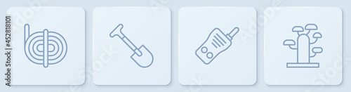 Set line Climber rope, Walkie talkie, Shovel and African tree. White square button. Vector