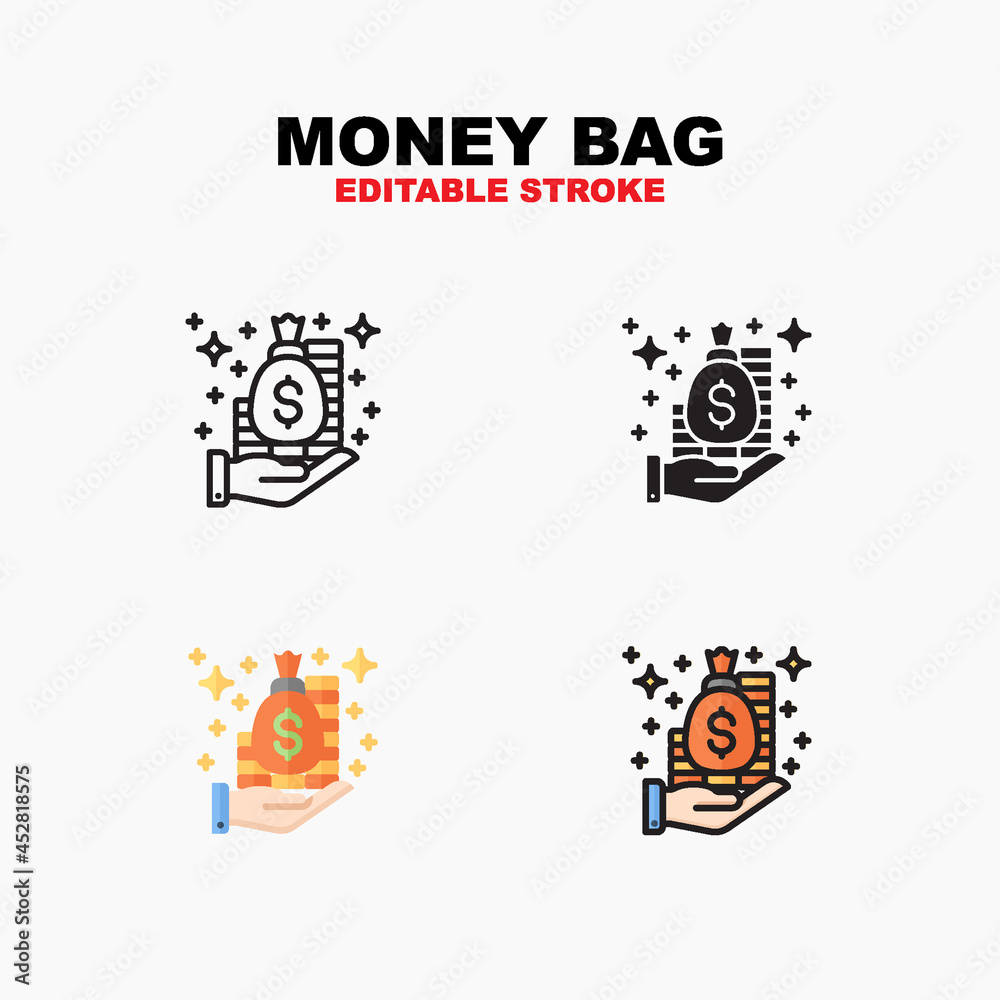 Outline, glyph solid black, flat color and filled line color, icon symbol set, money bag concept, Isolated vector design, editable stroke