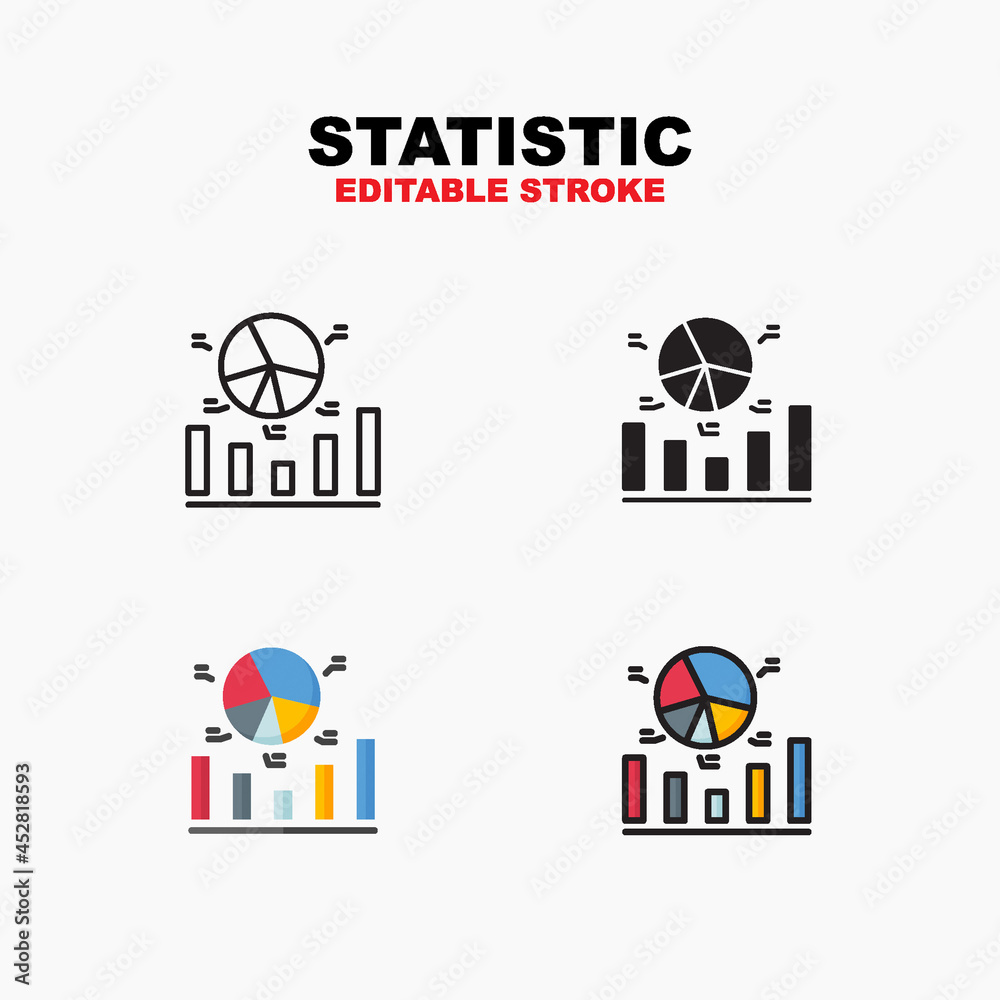 Outline, glyph solid black, flat color and filled line color, icon symbol set, statistic concept, Isolated vector design, editable stroke