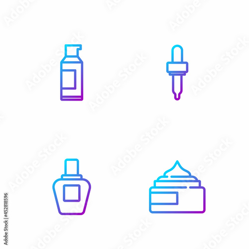 Set line Cream or lotion cosmetic tube, Perfume, Spray can for hairspray and Pipette. Gradient color icons. Vector