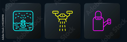 Set line Automatic irrigation sprinklers, Watering can and Smart farm with drone. Black square button. Vector