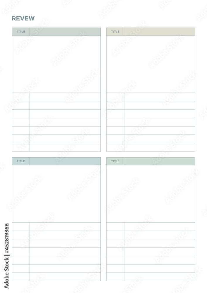 Note, scheduler, diary, calendar planner document template illustration. Review form. Note, scheduler, diary, calendar planner document template illustration. Review form.