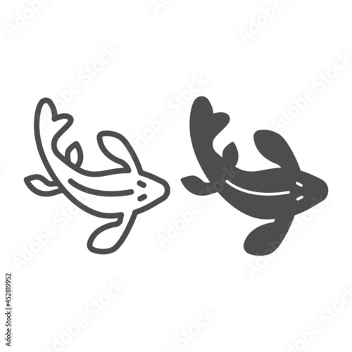Japanese live fish koi with fins, carp line and solid icon, asian culture concept, goldfish vector sign on white background, outline style icon for mobile concept and web design. Vector graphics.