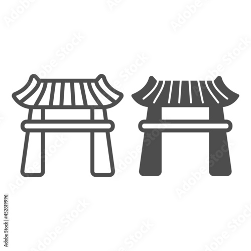 Japanese gazebo with roof, lotus pavillion line and solid icon, architecture concept, garden vector sign on white background, outline style icon for mobile concept and web design. Vector graphics.