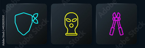 Set line Vandal, Bolt cutter and Balaclava. Black square button. Vector