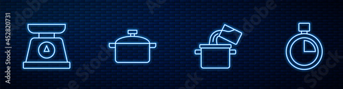 Set line Cooking pot, Scales, and Stopwatch. Glowing neon icon on brick wall. Vector